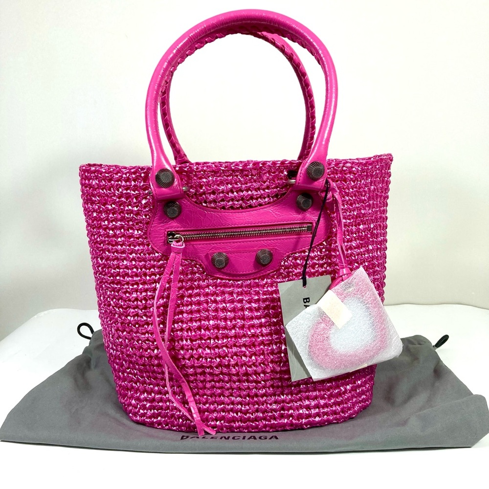 Balenciaga Small Le Cagole Nylon Raffia Tote Pink NWT Summer Resort Party - Picture 6 of 17